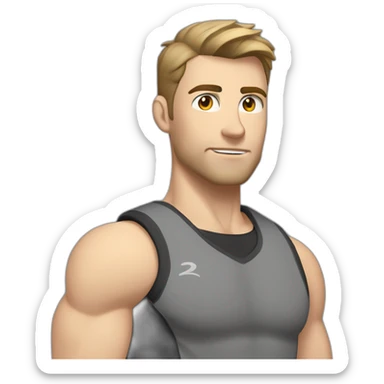 Pale skinned Fit Man With the biceps and dark brown hair in black shirt, gray sports shorts and white Sneakers His right hand near his back of the head sticker