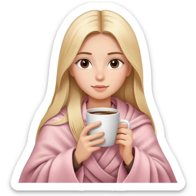 Long blonde straight balayage hair girl drinking coffee, almond dark brown eyes, soft pink blanket sticker