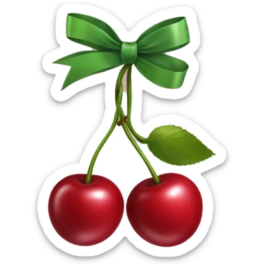 An emoji of two cherries hanging from a ribbon bow, with the cherries dangling below the tied bow sticker