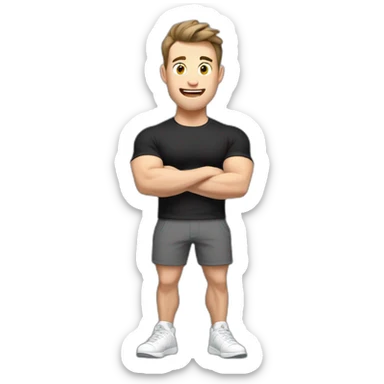 amazed Open with surprise mouth Pale skinned Fit Man With the biceps and dark brown hair in black shirt, gray sports shorts and white Sneakers sticker