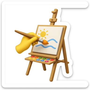 Add a hand drawing something on the easel with canvas and paintbrush in emoji style, no background, vibrant and clear colors, simple and concise emoji look sticker