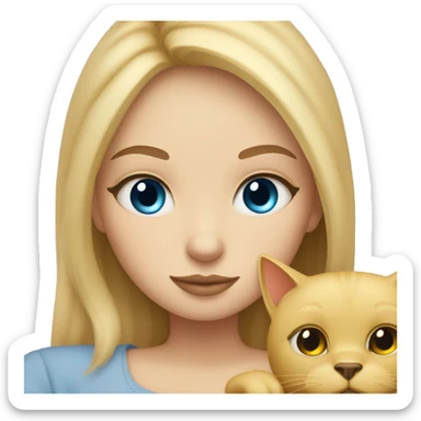 A Blonde haired girl that has blue eyes cuddled up in bed with a black cat that has yellow eyes sticker