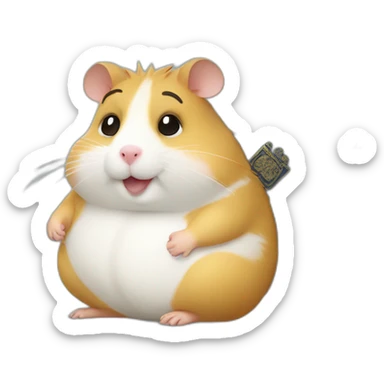 Fat hamster is sitting and holding a passport sticker
