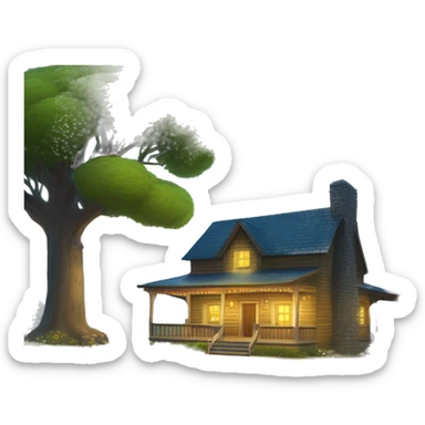  very very big Cabin near a big tree.  Thick moss growing on the roofs. grass fields. porch lights turned off. bright white interior lights turned off. guests sitting in chairs on the porch, flowers and bushes are yellow and blue. sticker