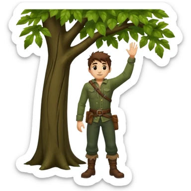 full body forest rogue man, from behind leaning against tree, one arm raised, leaf shadows on back sticker
