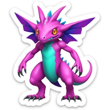 Tropical pastel dark bright vibrant futuristic lush warm-colored neon Fakémon-Vernid-Digimon-creature (full body) sticker