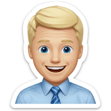 A guy with blonde hair and blue eyes that looks masculine. make him wear a shirt with a tie. he is danish. He is laughing extremely hard. More extreme expression sticker