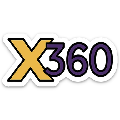elegant logo-style emoji with initials 'X360' in gold, purple, and black, luxury event feel sticker
