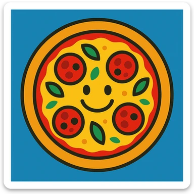 cartoon style margarita pizza with smiling face made from toppings sticker