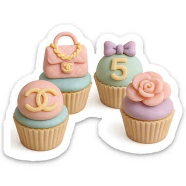 pastel rainbow Chanel cupcake set, each with a different logo or accessory sticker