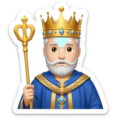 Bearded King, Wise king with short white beard, royal staff in hand, wearing crown, blue
 sticker
