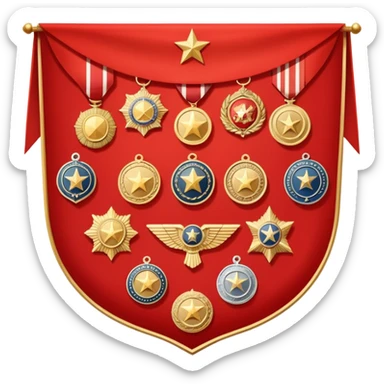 Icon for Collecting Orders, Medals & Badges: a variety of vintage orders, medals and badges, displayed neatly on a big red pennant or in a display case. The icon should reflect the honor and historical significance of these collectible items. Transparent background. sticker