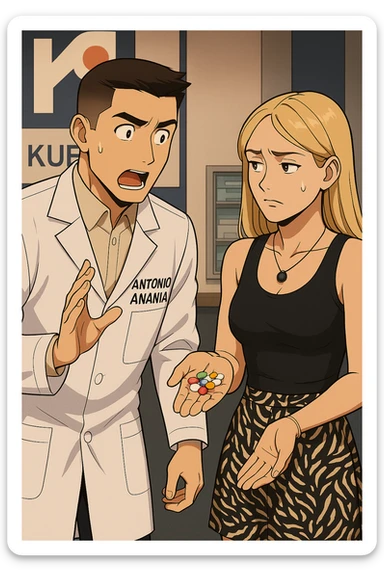 fai un webtoon/manga a colori con questo kinesiologo in camice bianco (fagli la scritta "ANTONIO ANANIA" SUL CAMICE) CHE PARLA CON QUESTA RAGAZZA. LA RAGAZZA HA UN PUGNO DI INTEGRATORI IN MANO (TANTE PILLOLE DIVERSE) E LE GUARDA DUBBIOSA. IL KINESIOLOGO CON IL CAMICE BIANCO LE DOMANDA UNA COSA SCIOCCATO. NON FARE I FUMETTI, FAI SOLO LORO COME SE DIALOGASSERO sticker