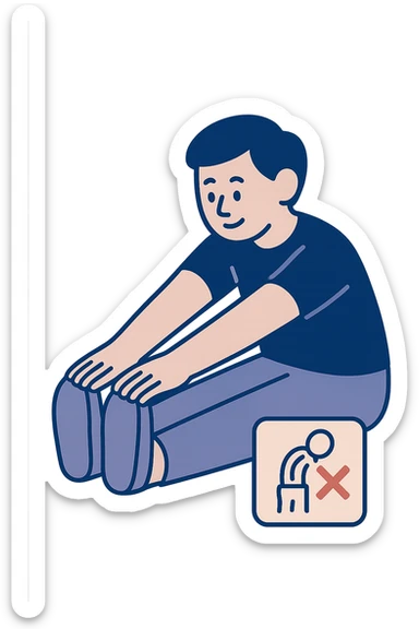 vertical illustration of a person doing classic passive stretching seated touching toes, with a visual warning sign indicating not suitable for postural asymmetry, clear educational style, no background sticker