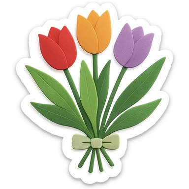 bouquet of tulips, layered paper details, multiple tulip colors, elegant arrangement, green leaves sticker