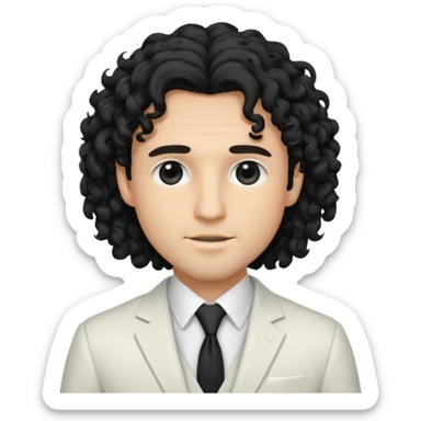 Cockasian guy with black long curly hair thats on his face and black eyes wearing a White simple suit guy  sticker