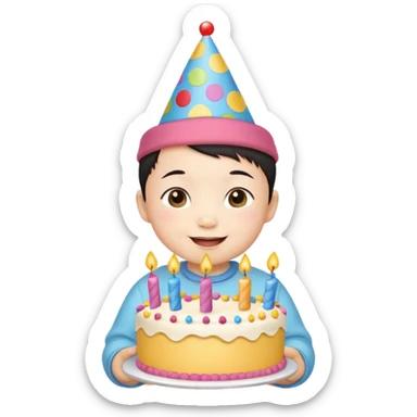 with chines cute baby wearing birthday hat with birthday cake sticker