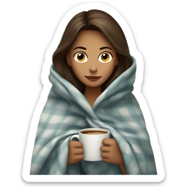 girl inside a blanket sipping coffee eyes brown, brunette with fair skin sticker