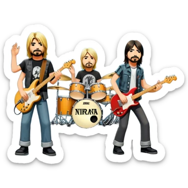 Icon for Rock Music: Nirvana performing on stage with Kurt Cobain on guitar and vocals, Krist Novoselic on bass, and Dave Grohl on drums. A grunge-inspired vibe with dynamic stage lighting and musical energy. Transparent background. sticker