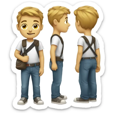 A boy wearing a sling bag across his body and holding strap with his hand sticker