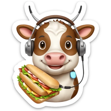 smiling cow with headphones, holding a sub sandwich, apple emoji style sticker