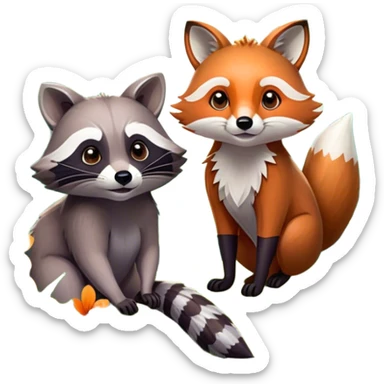 Collage of a raccoon and a fox, in close-up, set in a beautiful forest with tall trees, green bushes, and sunlight filtering through the leaves and flowers. A vibrant, wild atmosphere with a transparent background. sticker
