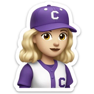 baseball card character. white female. long blonde hair. letter C logo. Purple and white uniform.  sticker