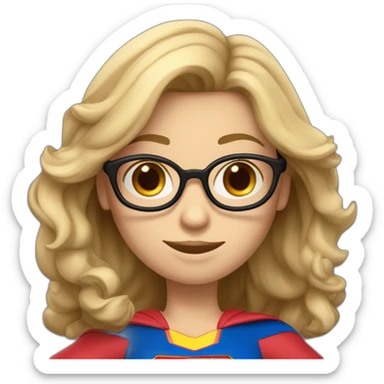 Caucasian Supergirl upper body long wavy hair and glasses showing an F letter sticker