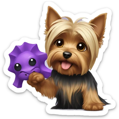 Yorkshire terrier holding a violet dinosaur toy  sticker