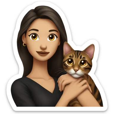 Beautiful skinny woman long dark brown hair in dark dress with gold earrings hug bengal cat sticker