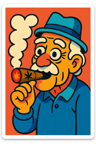 an old man smoking a weed cigar, vibrant cartoon style sticker