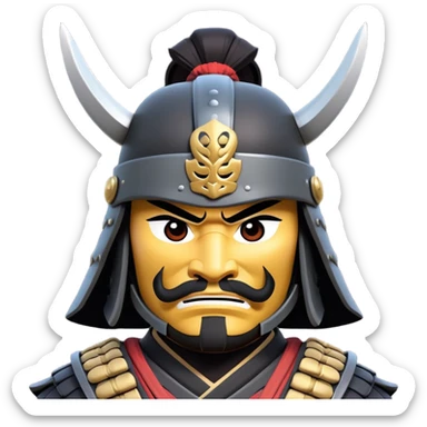 clash-of-clans-aesthetic_-cinematic-fearsome-and-majestic-samurai-bust-portrait-emoji, rendered in a flat, vector-style with minimal shading and bold, simplified shapes typical of emoji art, depicting a battle-hardened samurai with black mask and traditional black Japanese armor. The samurai is riding a noble grey warhorse adorned with an intricately designed saddle and fluttering banners and a rising sun. a samurai on a   horse sticker