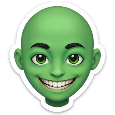 A bald person with bright green sclera and bright green teeth, grinning widely. Has fluffy black neck fur, with a fluffy black body sticker