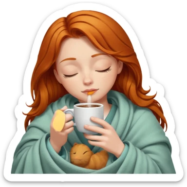 girl with ginger hair inside a blanket sipping coffee eyes closed sticker