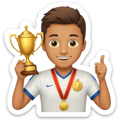 happy soccer player with a first-place medal and a trophy sticker