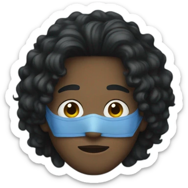 A dark young man with long curly hair, wearing a blue mask sticker