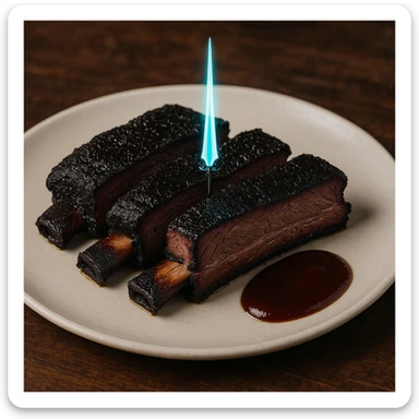 a delicious plate of smoked ribs, the color of the meat is succulent dark blackish purple, the 5 Michelin star dish is plated with a tiny energy sword piercing the center sticker