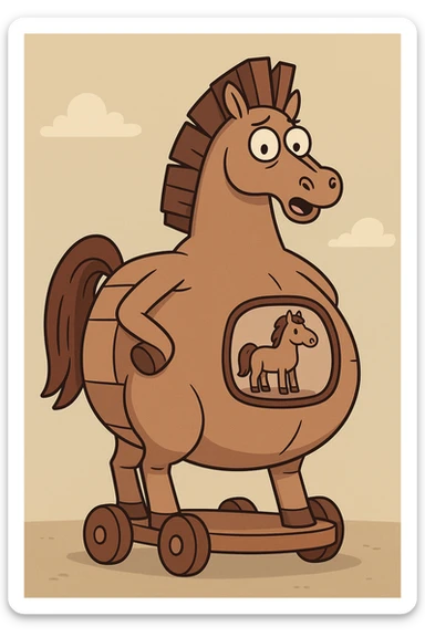 humorous cartoon of a pregnant trojan horse with a round belly and a small window showing a mini horse inside the belly, clear and funny sticker