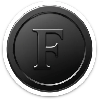 Emoji icon of a black coin with engraved letter F, minimalist style, isolated, no color sticker