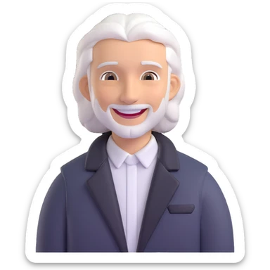 Man with white hair parted in the middle, black in color, shoulder-length, smiling, wearing a white shirt and a black jacket sticker