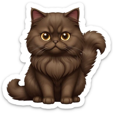 cinematic-[dark brown persian cat]-realistic-full-body-sitting-emoji,-tail-curled-playfully-around-its-paws,-head-tilted-dramatically,-fluffy-[dark brown]-fur,-simplified-yet-realistic-focused-features,-highly-detailed,-glowing-with-an-almost-sarcastic-glow sticker