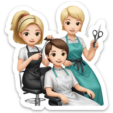 woman getting a haircut from a female hairstylist, both smiling, client sitting in chair with apron, hairstylist standing behind holding scissors sticker