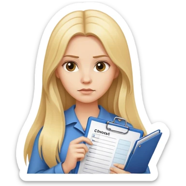 Woman with long blonde hair holding a checklist, looking serious at it sticker