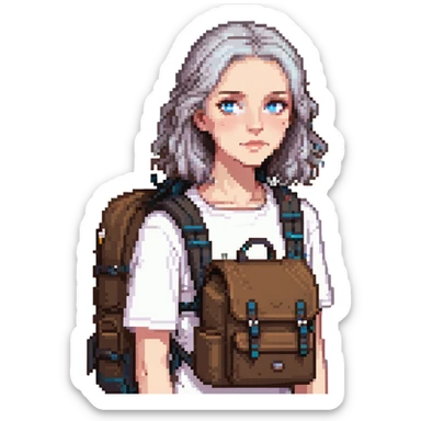 white woman park ranger with blue eyes, brown and gray hair, wearing a backpack sticker
