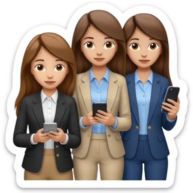 two brown haired girls, looking professional maybe leaned on each others back and looking forward and using phones, with long hair and one girl can hold lap top another one can hold the phone, professional clothes, more stylish sticker
