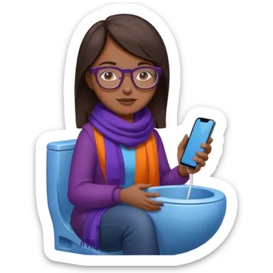Fille châtain foncé avec lunettes. Elle porte une grosse écharpe violette, bleu et orange. Elle assise dans une cuvette de toilette. Téléphone en main. Realiste sticker