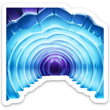 A breathtaking ice cave glowing with blue light, featuring smooth, curved walls made entirely of translucent ice. The interior reflects shimmering shades of blue and purple, with natural light filtering through the frozen surface. Realistic detail, cinematic lighting. sticker