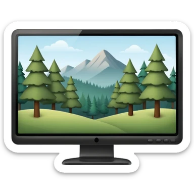 Minimalistic flat vector icon, iOS style, thin black contour on white background. Computer monitor with a simple forest scene on the screen (trees, minimal landscape). Clean, no text, no shadows sticker