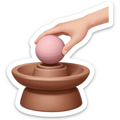 one hand centering a pink ball of clay on an empty pottery wheel, pressing down with palm to center it sticker