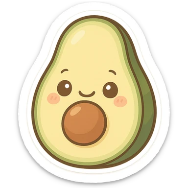 chibi sticker-style avocado with a smiling face, cute and exaggerated sticker